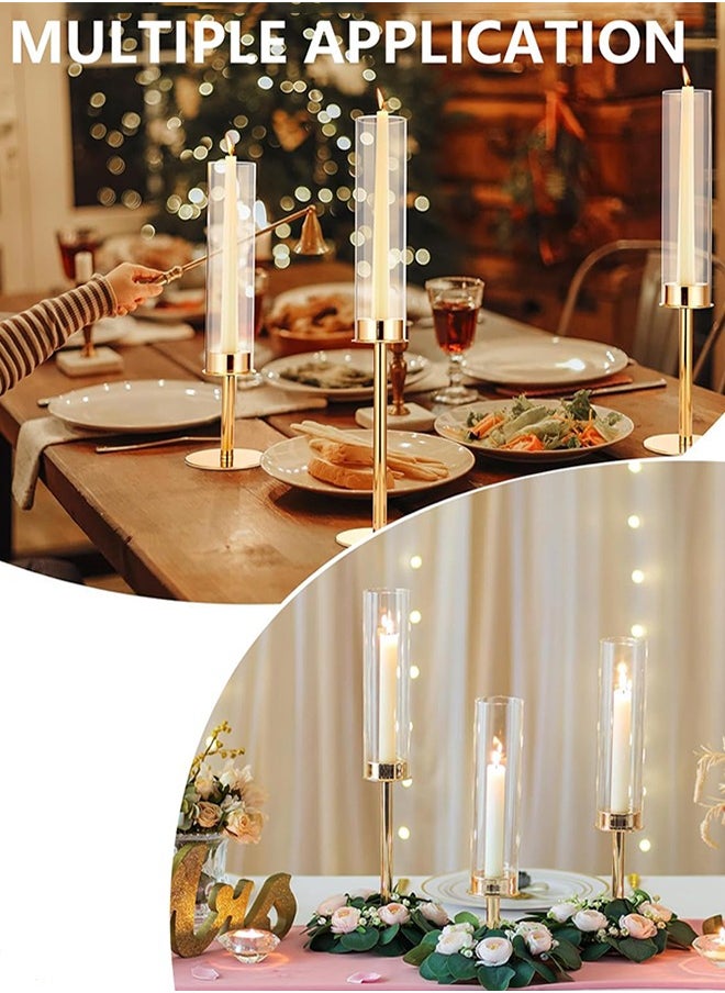 Garlo - Gold Candlestick Holder Tall Hurricane Candle Holder Set of 3, Taper Candle Holders Candle Stand Glass Cover Candlesticks Holders Table Centerpiece for Wedding Party Birthday Christmas Decor - Image 1