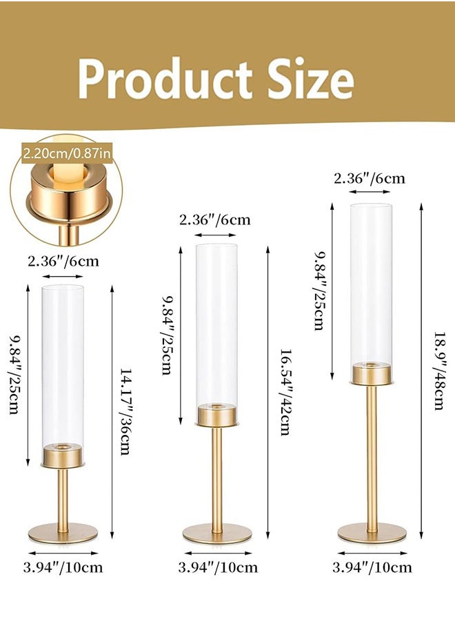Garlo - Gold Candlestick Holder Tall Hurricane Candle Holder Set of 3, Taper Candle Holders Candle Stand Glass Cover Candlesticks Holders Table Centerpiece for Wedding Party Birthday Christmas Decor - Image 1