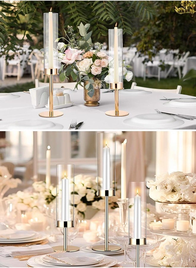 Garlo - Gold Candlestick Holder Tall Hurricane Candle Holder Set of 3, Taper Candle Holders Candle Stand Glass Cover Candlesticks Holders Table Centerpiece for Wedding Party Birthday Christmas Decor - Image 1