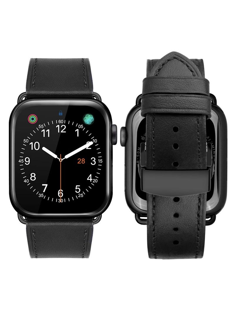 واي آند دي Genuine Leather Band for Apple Watch Premium Quality Strap with Butterfly Clasp Men Compatible iWatch SE Series 9 8 7 6 5 4 3 2 1or Ultra Black All of - Image 4