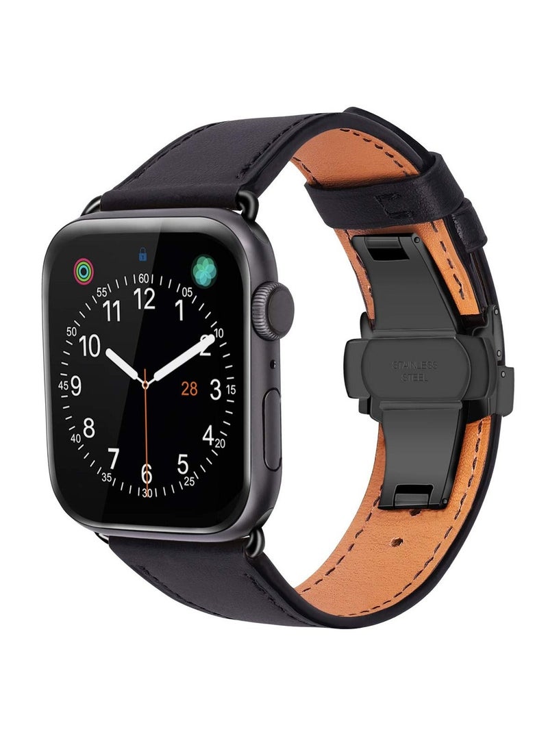 واي آند دي Genuine Leather Band for Apple Watch Premium Quality Strap with Butterfly Clasp Men Compatible iWatch SE Series 9 8 7 6 5 4 3 2 1or Ultra Black All of - Image 3