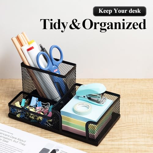 M.G M&G Mesh Pen Holder Desk Organizers Pencil Holder for Desk Black, 3 Compartments Metal Office Supply Organizer with Sticky Notes Holder for School Home Office - Image 2