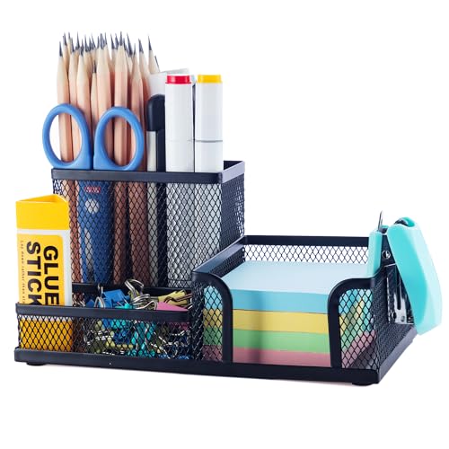 M.G M&G Mesh Pen Holder Desk Organizers Pencil Holder for Desk Black, 3 Compartments Metal Office Supply Organizer with Sticky Notes Holder for School Home Office - Image 1
