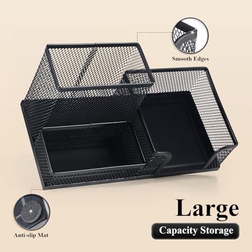 M.G M&G Mesh Pen Holder Desk Organizers Pencil Holder for Desk Black, 3 Compartments Metal Office Supply Organizer with Sticky Notes Holder for School Home Office - Image 4