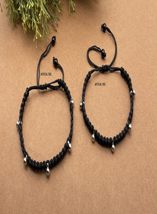 ARTIFICIAL TREE German Silver Hanging Ball Charms Black Thread Adjustable Anklet for Women and Girls (AT ANK 036) - Image 2