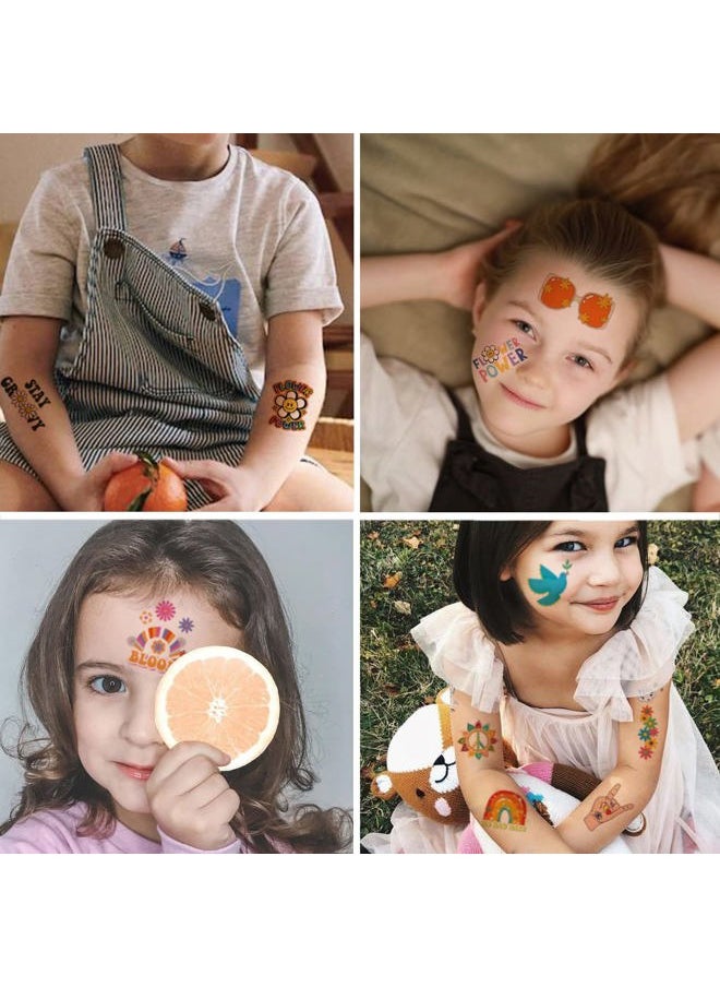CHARLENT - Hippie Temporary Tattoos for Kids - 79 PCS Groovy 70s Flower Power Peace and Love Tattoos for Boys Girls Birthday Party Supplies - Image 1