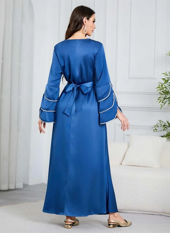 Take Two Blue Solid Tie-Up Detail Embroidered Trim Sleeves Jalabiya