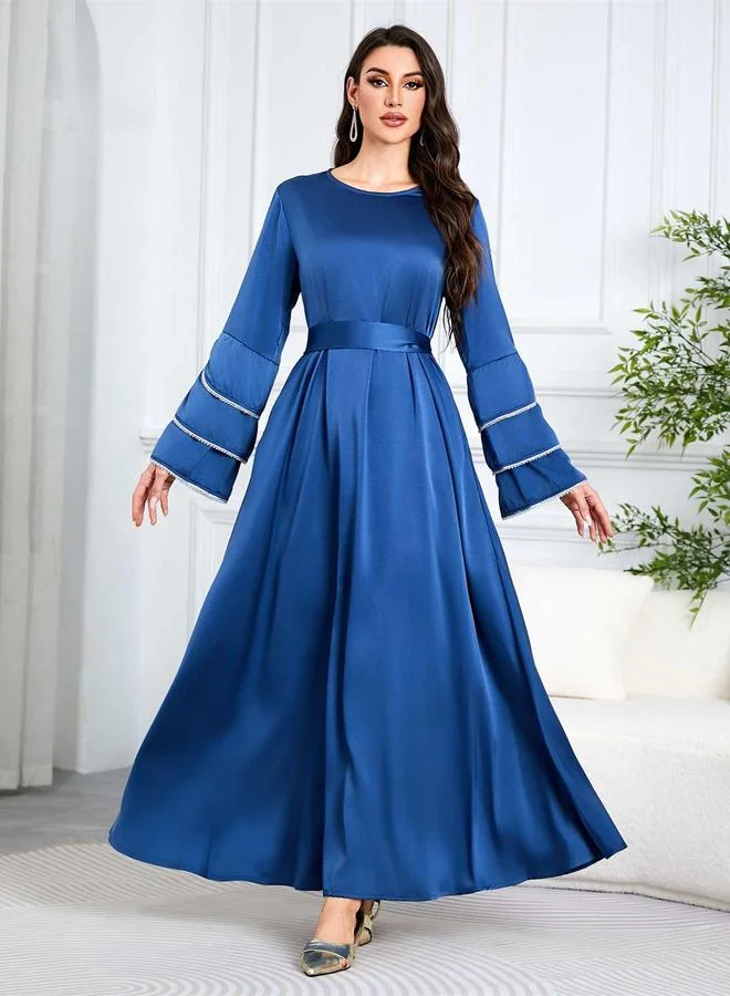 Take Two Blue Solid Tie-Up Detail Embroidered Trim Sleeves Jalabiya