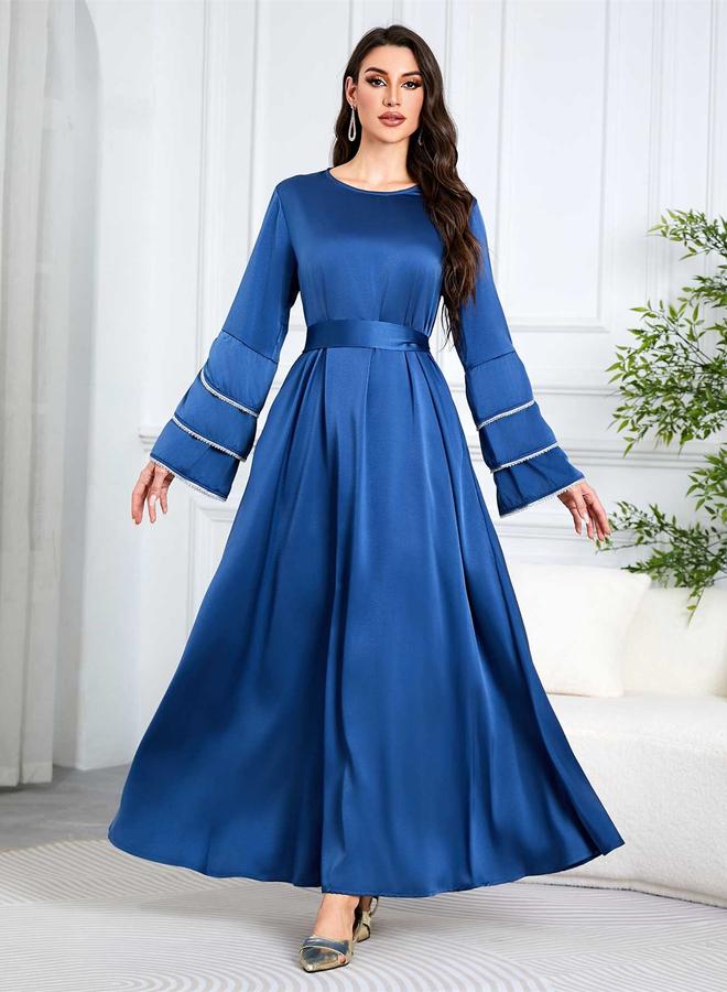 Take Two Blue Solid Tie-Up Detail Embroidered Trim Sleeves Jalabiya - Image 1
