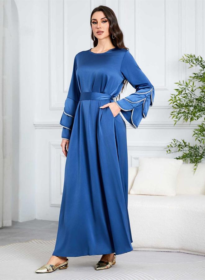 Take Two Blue Solid Tie-Up Detail Embroidered Trim Sleeves Jalabiya - Image 5