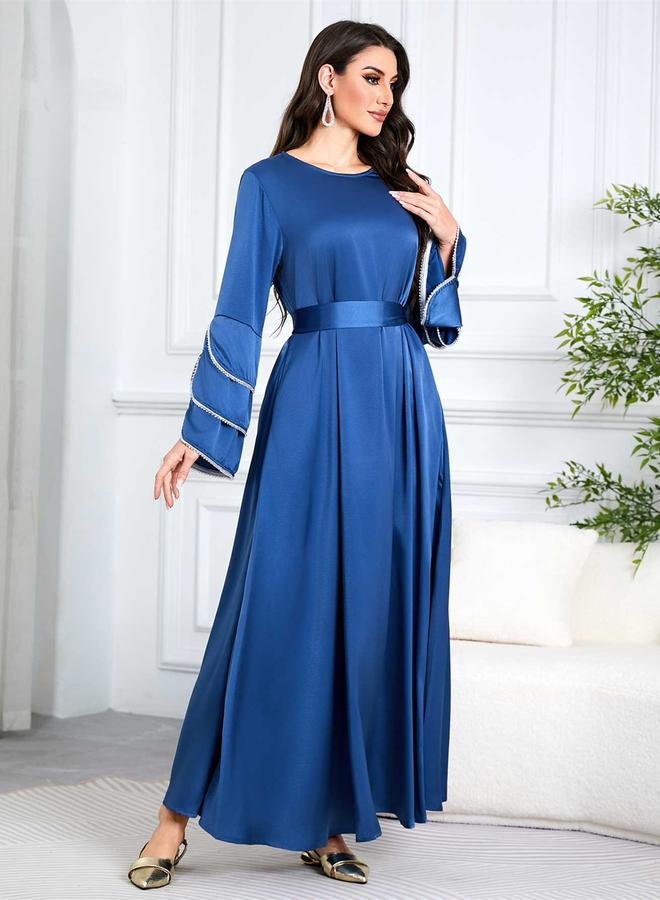 Take Two Blue Solid Tie-Up Detail Embroidered Trim Sleeves Jalabiya - Image 4
