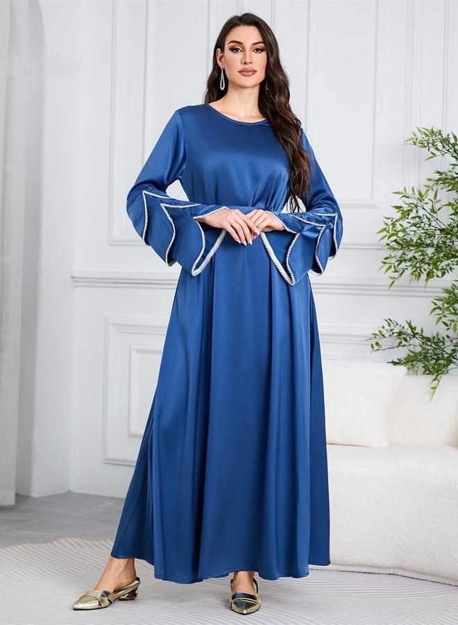 Take Two Blue Solid Tie-Up Detail Embroidered Trim Sleeves Jalabiya - Image 3