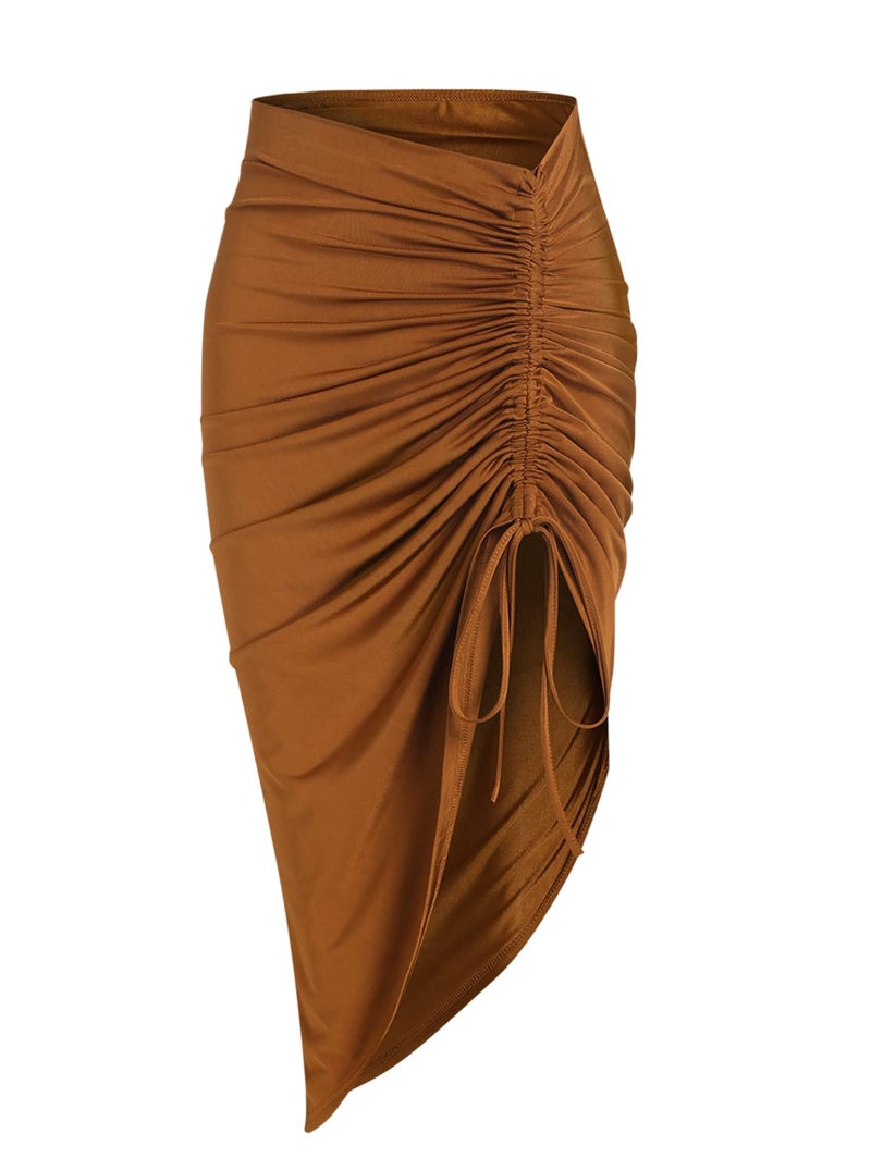ZAFUL Skirts for Women Sexy Slit Side Front Ruched Skirt High Waist Bodycon Asymmetrical Drawstring Skirt(M,BA-Coffee) - Image 5