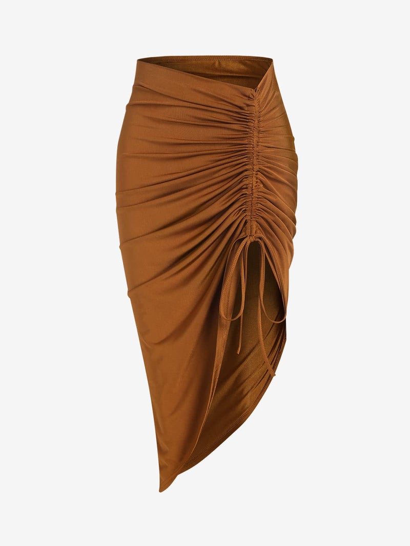 ZAFUL Skirts for Women Sexy Slit Side Front Ruched Skirt High Waist Bodycon Asymmetrical Drawstring Skirt(M,BA-Coffee) - Image 2
