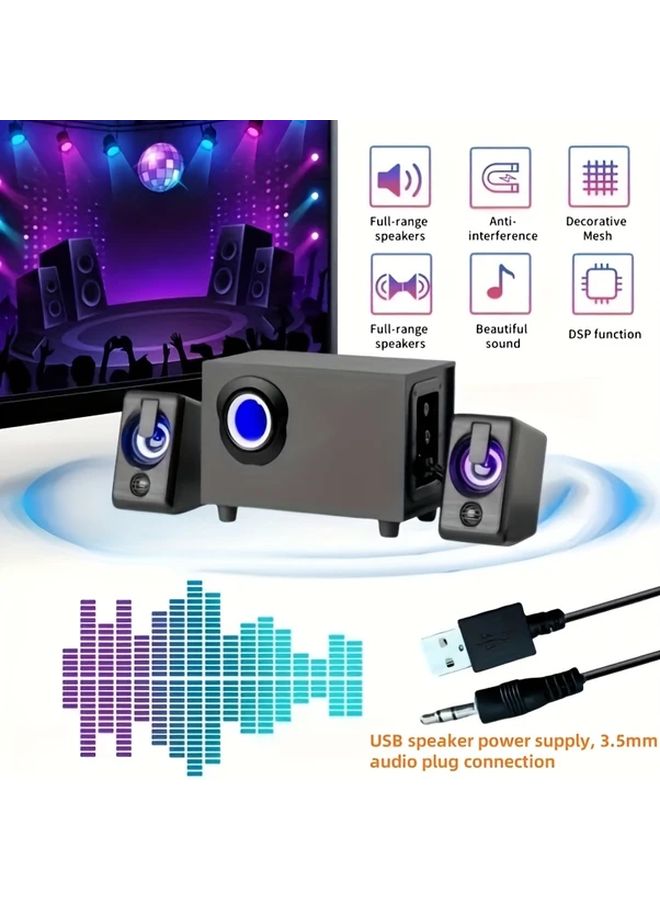 Black 3D 3 in 1 Surround Sound Computer Speaker with LED Ambient Lighting USB Powered - Image 2