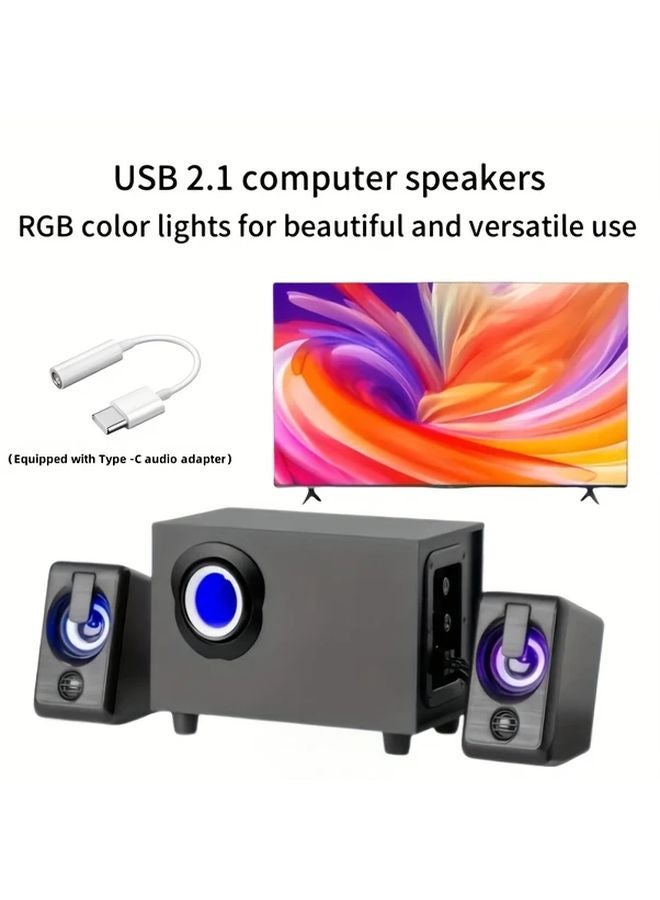 Black 3D 3 in 1 Surround Sound Computer Speaker with LED Ambient Lighting USB Powered - Image 1