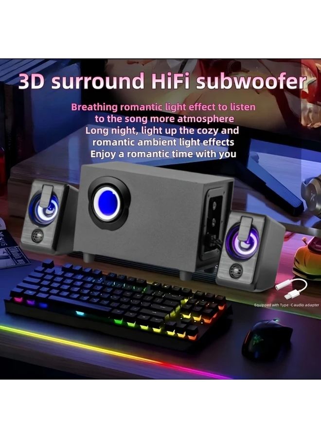 Black 3D 3 in 1 Surround Sound Computer Speaker with LED Ambient Lighting USB Powered - Image 3