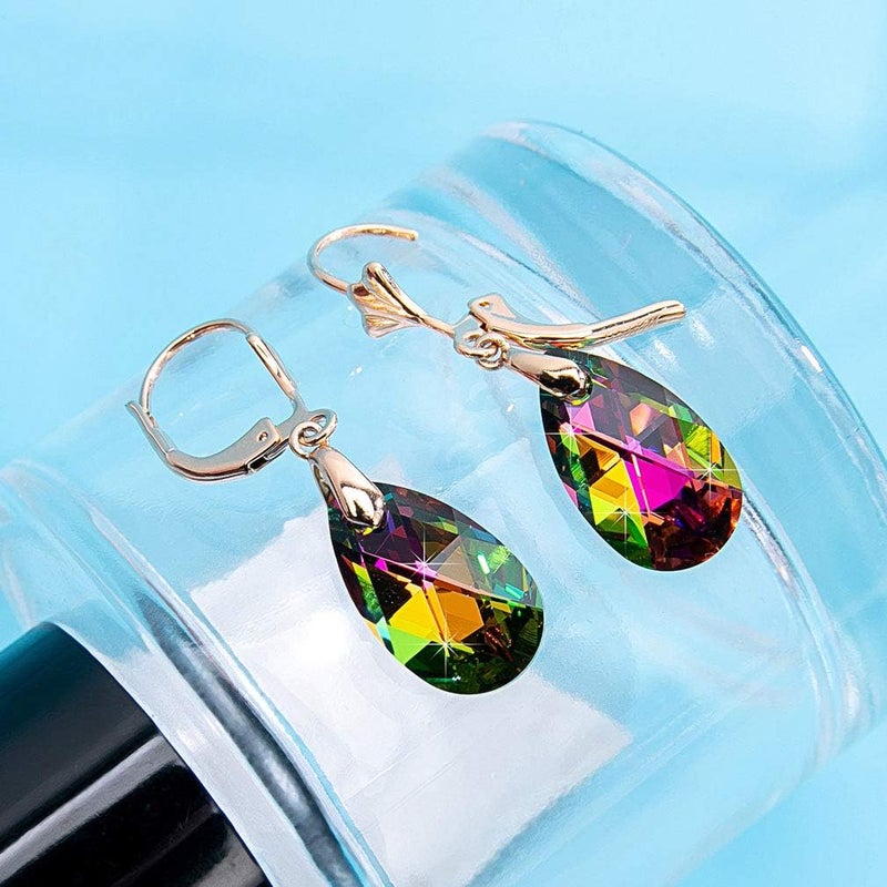 EVEVIC Austrian Crystal Teardrop Leverback Dangle Earrings for Women Fashion 14K Gold Plated Hypoallergenic Jewelry (Vitrail Medium) - Image 5