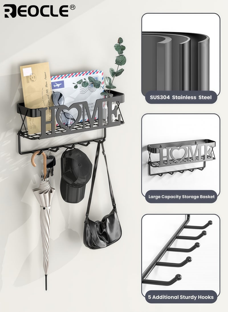ريوكل حامل مفاتيح مثبت على الحائط مع 5 خطافات مفاتيح وتصميم منظم للبريد ورف مفاتيح مع سلة شبكية وهيكل متين لتنظيم مدخل المنزل - Image 2
