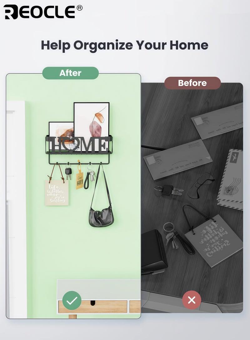 ريوكل حامل مفاتيح مثبت على الحائط مع 5 خطافات مفاتيح وتصميم منظم للبريد ورف مفاتيح مع سلة شبكية وهيكل متين لتنظيم مدخل المنزل - Image 3