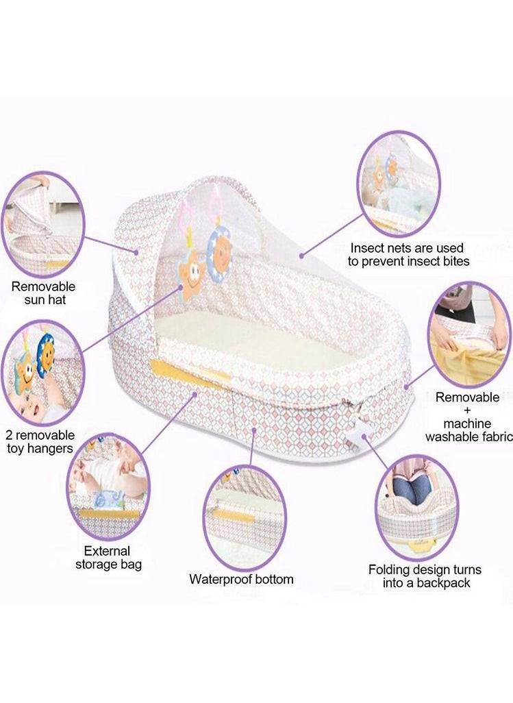 Cute Baby - Portable Cozy Folding Baby Bed with Light Weight Portable Mosquito Net Roof with Soothing Sounds Blue - Image 1