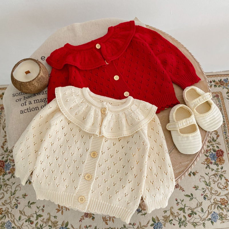 Style 0-3 Year Old Baby Girl Cotton Yarn Knitted Cardigan Lotus Leaf Collar Cut Out Long-Sleeved Sweater Jacket - Image 2