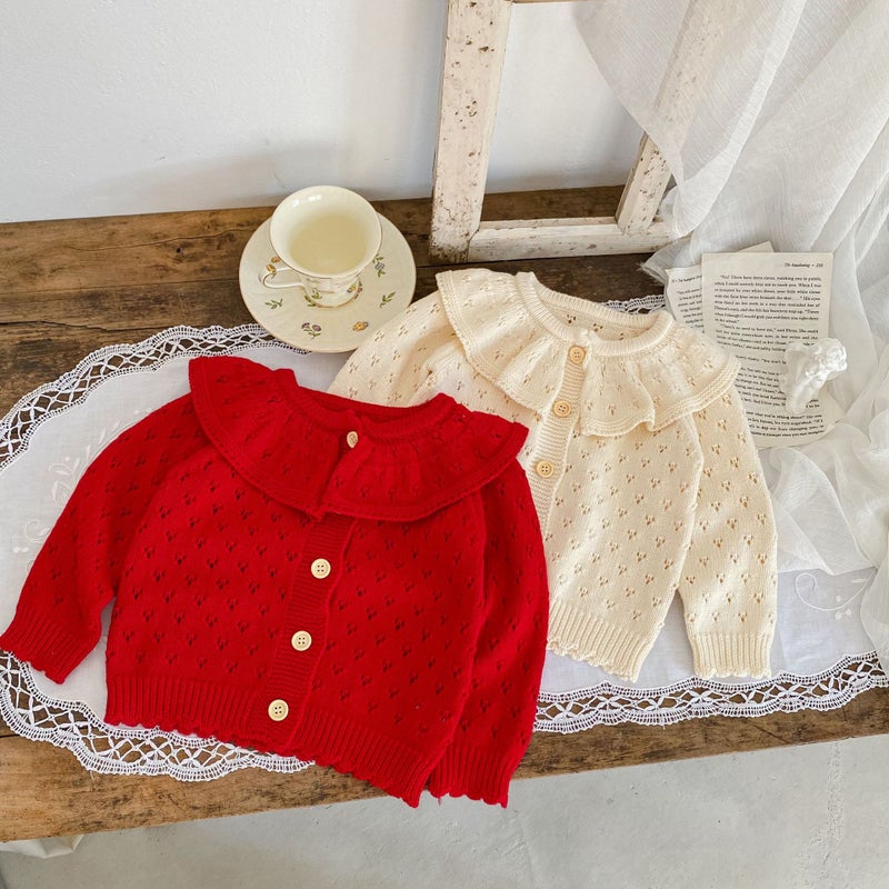 Style 0-3 Year Old Baby Girl Cotton Yarn Knitted Cardigan Lotus Leaf Collar Cut Out Long-Sleeved Sweater Jacket - Image 3