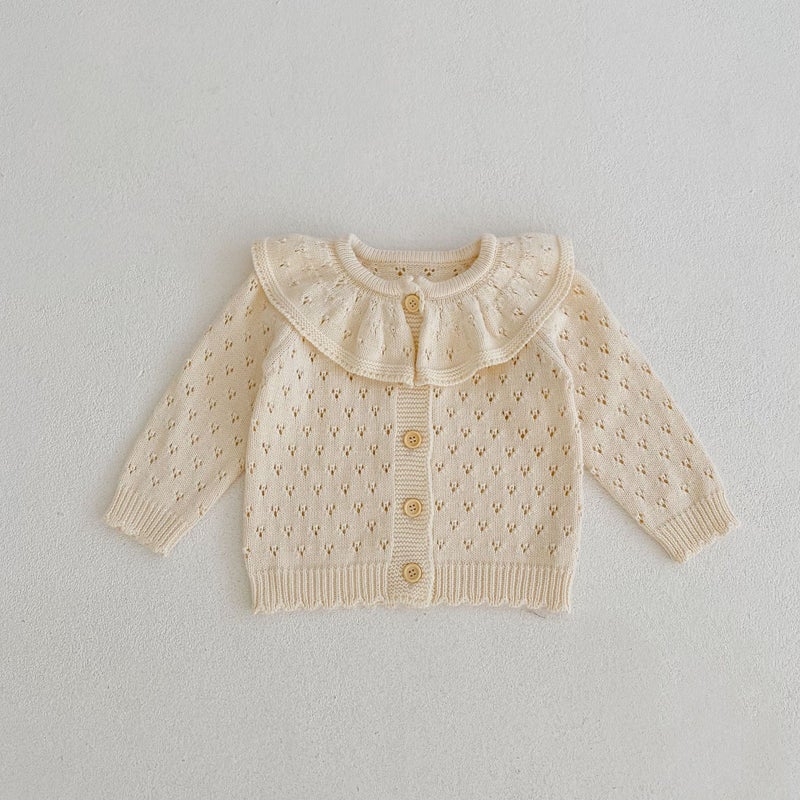 Style 0-3 Year Old Baby Girl Cotton Yarn Knitted Cardigan Lotus Leaf Collar Cut Out Long-Sleeved Sweater Jacket - Image 1