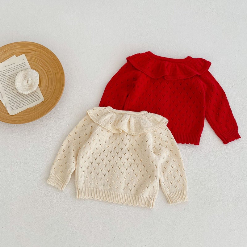 Style 0-3 Year Old Baby Girl Cotton Yarn Knitted Cardigan Lotus Leaf Collar Cut Out Long-Sleeved Sweater Jacket - Image 5