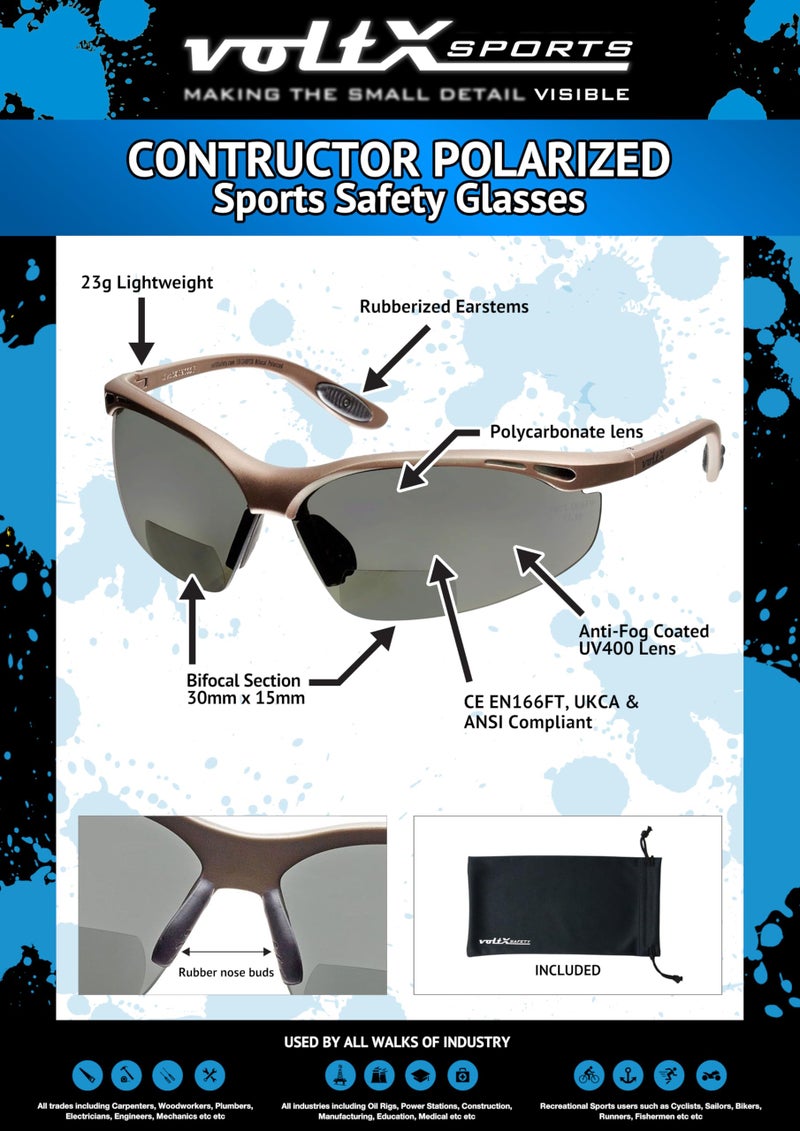 voltX 'CONSTRUCTOR SPORTS POLARIZED BIFOCAL Reading Safety Glasses (+1.5 Dioptre) ANSI Z87.1+ & CE EN166F certified. Includes microfibre bag and safety cord + UV400 lens - Image 2