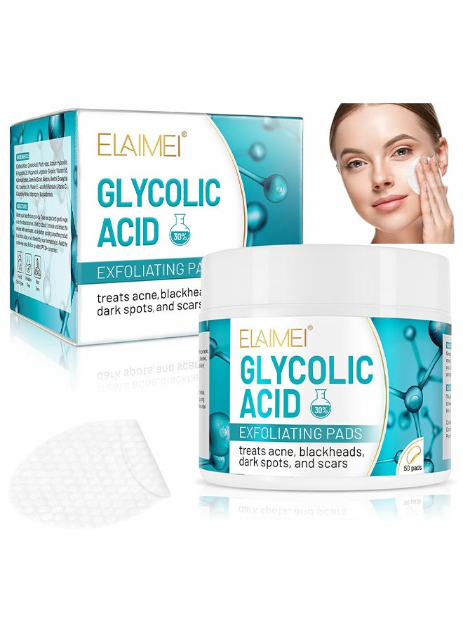 Elaimei 30% Glycolic Acid Pads Wipes For Skin Care Exfoliating Cleansing, Face Pore Cleaner Minimizer Acne Treatment, Chemical Peel Solution For Dark Spots, Breakouts, Scars, Reduce Wrinkle Lines, 50 Pads  - Image 1