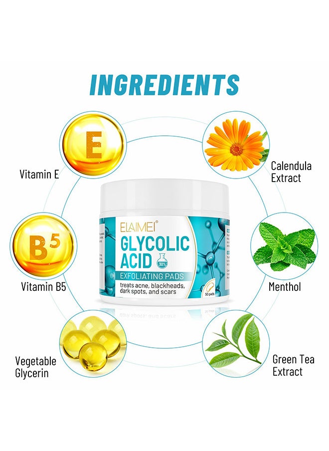 Elaimei 30% Glycolic Acid Pads Wipes For Skin Care Exfoliating Cleansing, Face Pore Cleaner Minimizer Acne Treatment, Chemical Peel Solution For Dark Spots, Breakouts, Scars, Reduce Wrinkle Lines, 50 Pads  - Image 2