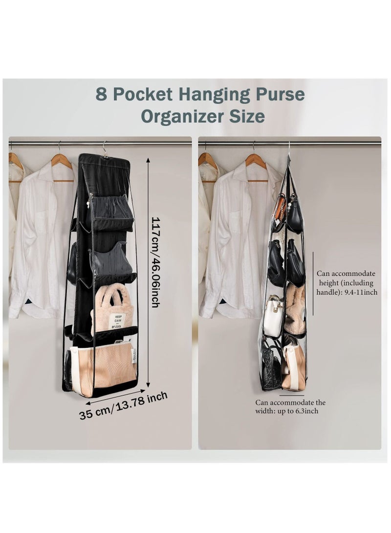 Y&D 2 Pieces Hanging Purse Organizer, Space Saving PVC Closet Organizer Handbag 8 Pocket Storage Bag Hanger with Swivel Hook, 46 x 13.8 Inches (Black) - Image 2