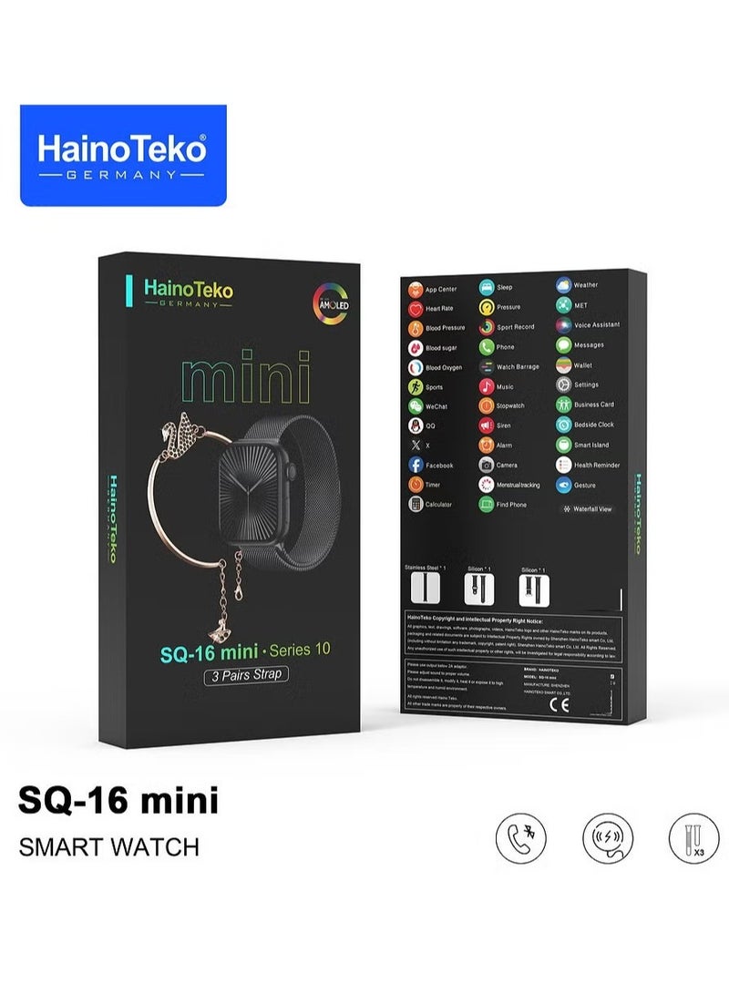 Haino Teko SQ-16 Mini Series 10 AMOLED Display Smart Watch with Stylish Bracelet, 3 Pairs of Straps, and Charging Cable – Elegant Smartwatch for Ladies – Black - Image 5