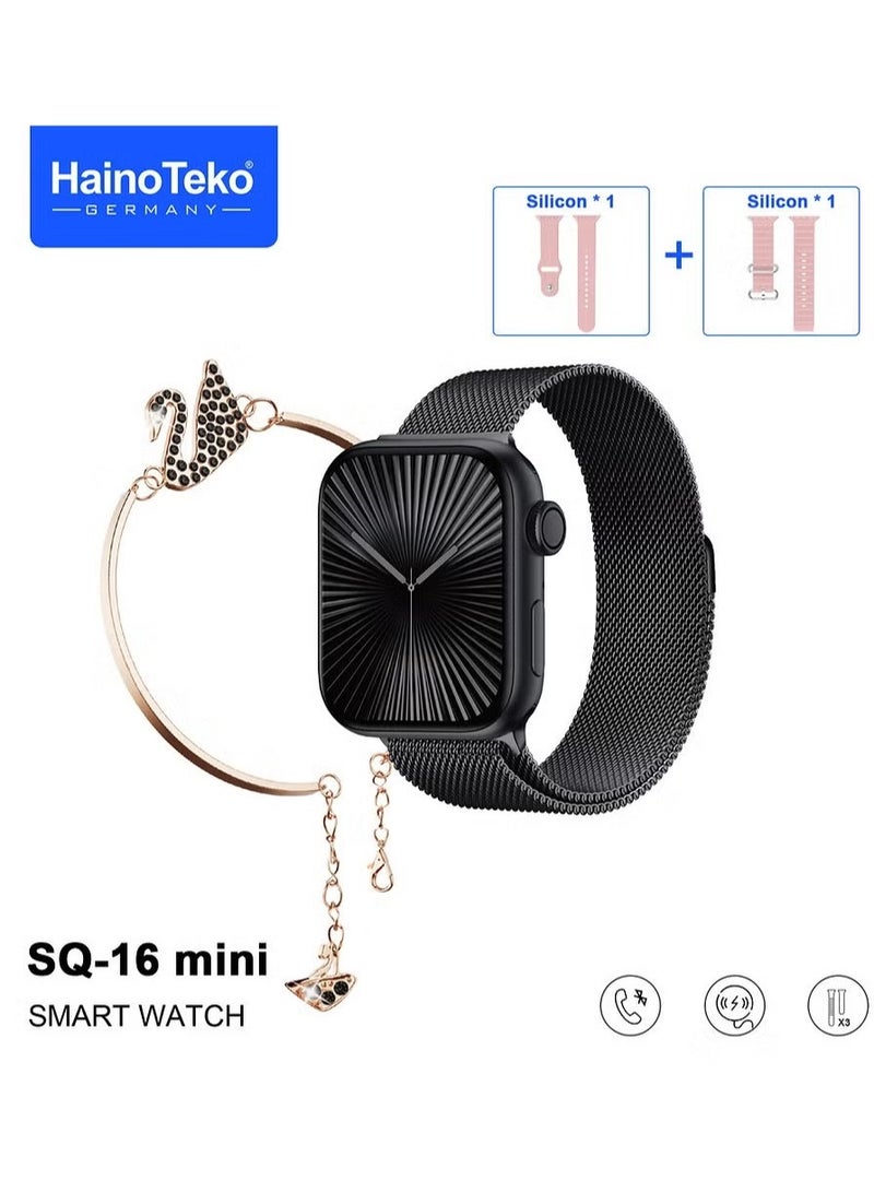 Haino Teko SQ-16 Mini Series 10 AMOLED Display Smart Watch with Stylish Bracelet, 3 Pairs of Straps, and Charging Cable – Elegant Smartwatch for Ladies – Black - Image 1