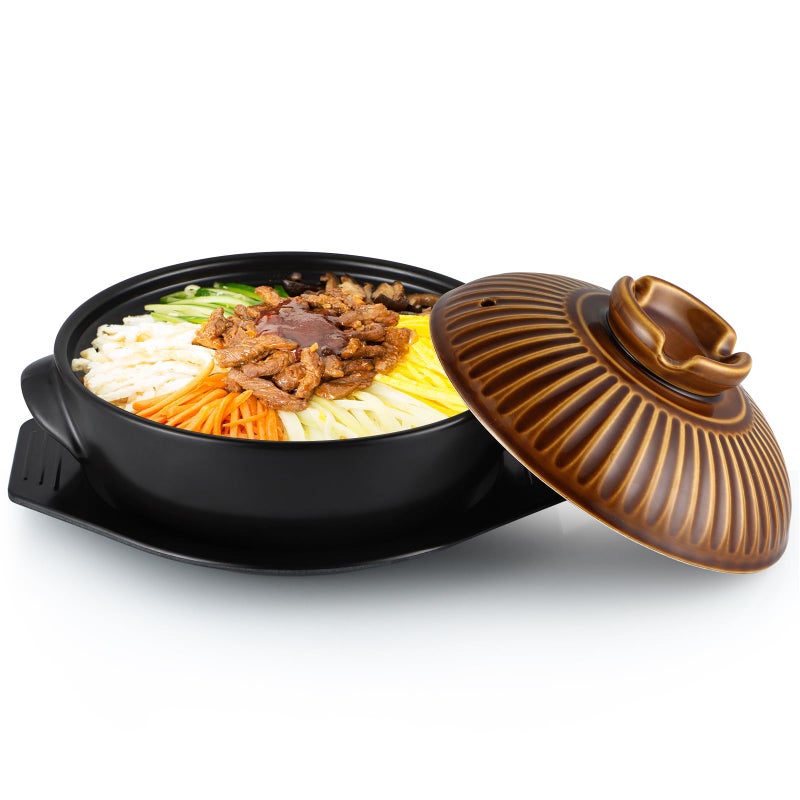 Sanbege Large Korean Ceramic Bowl with Lid and Trivet, 54 oz Sizzling Hot Pot with Double Handles for Cooking and Serving Dolsot Bibimbap, Soup, Rice, Stew, Casserole, Noodle (Retro Copper) - Image 2