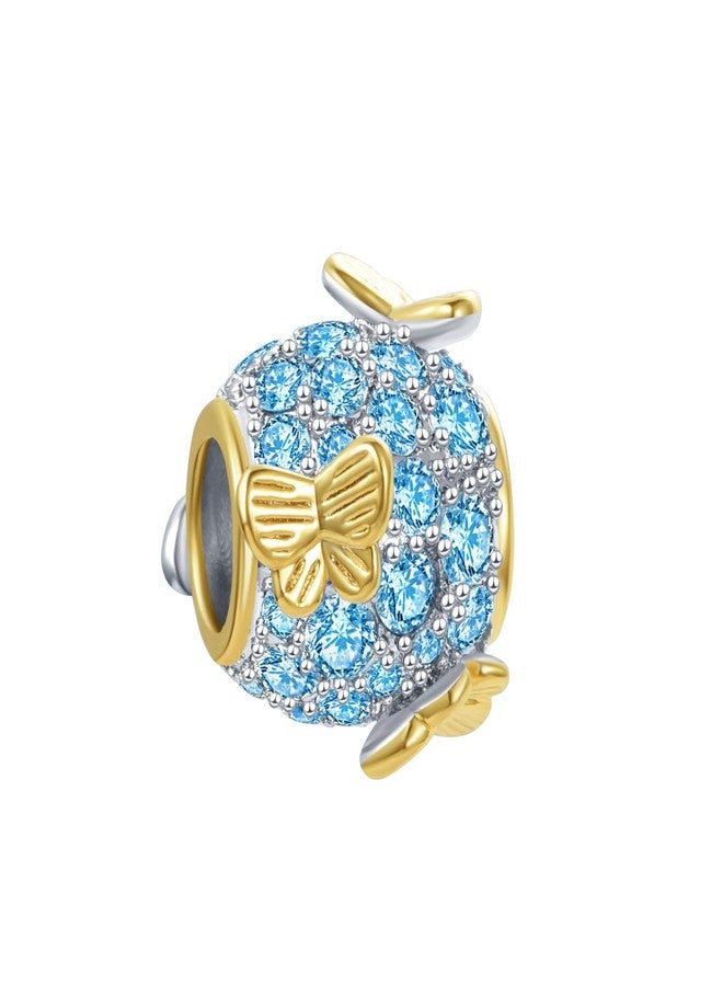MiiFort Gold Butterfly Blue Cubic Zirconia March Birthstone Beads Charm Compatible with Pandora Charms Bracelets - Image 1