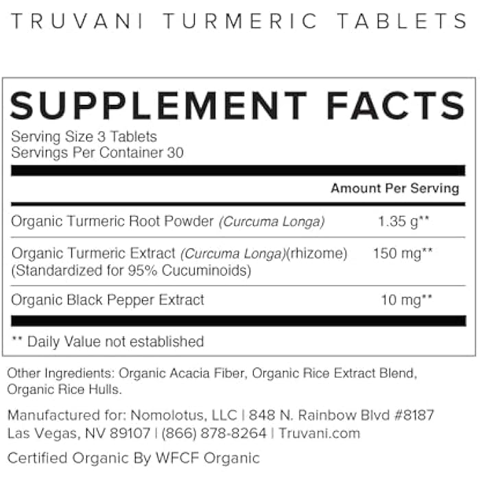 Truvani Organic Turmeric Curcumin Tablets 1,350 mg Each - Natural Joint Support with Black Pepper for Absorption - 90 Tablets - Image 2