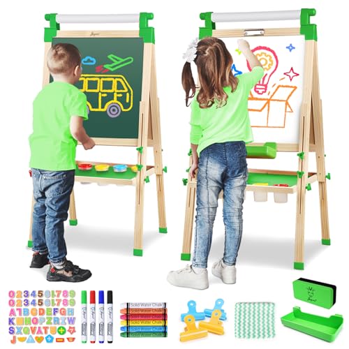 JOYOOSS Easel for Kids Adjustable Wooden Art Easel with Paper RollMagnetic Double Sided Dry Erase BoardOutdoor Easel for ToddlersGreen - Image 1
