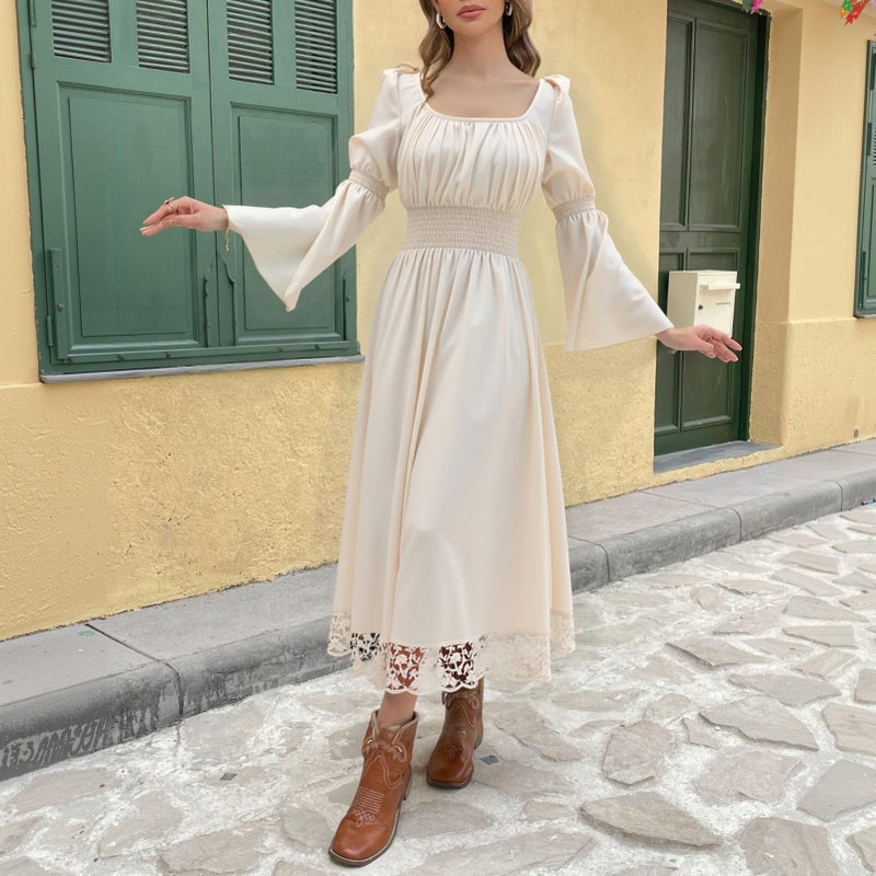 ZhouBoat Renaissance Medieval Costume Dress Lace Skirt Bow Bell Sleeve Women Fairy Dress with Flower Crown,M - Image 3
