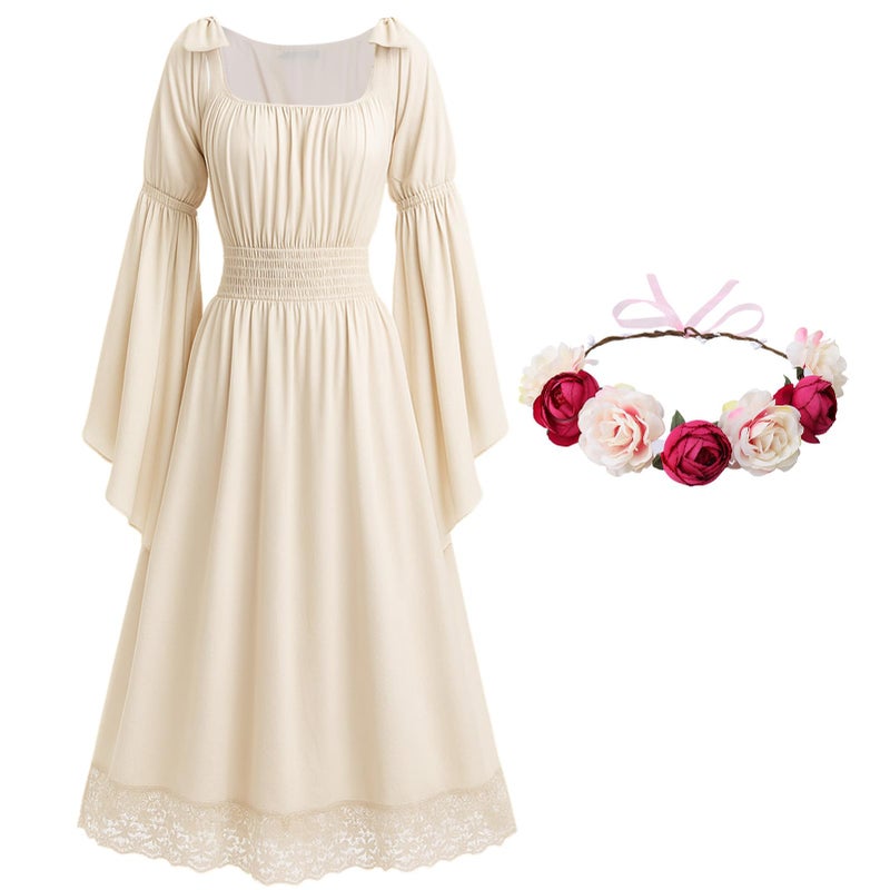ZhouBoat Renaissance Medieval Costume Dress Lace Skirt Bow Bell Sleeve Women Fairy Dress with Flower Crown,M - Image 1