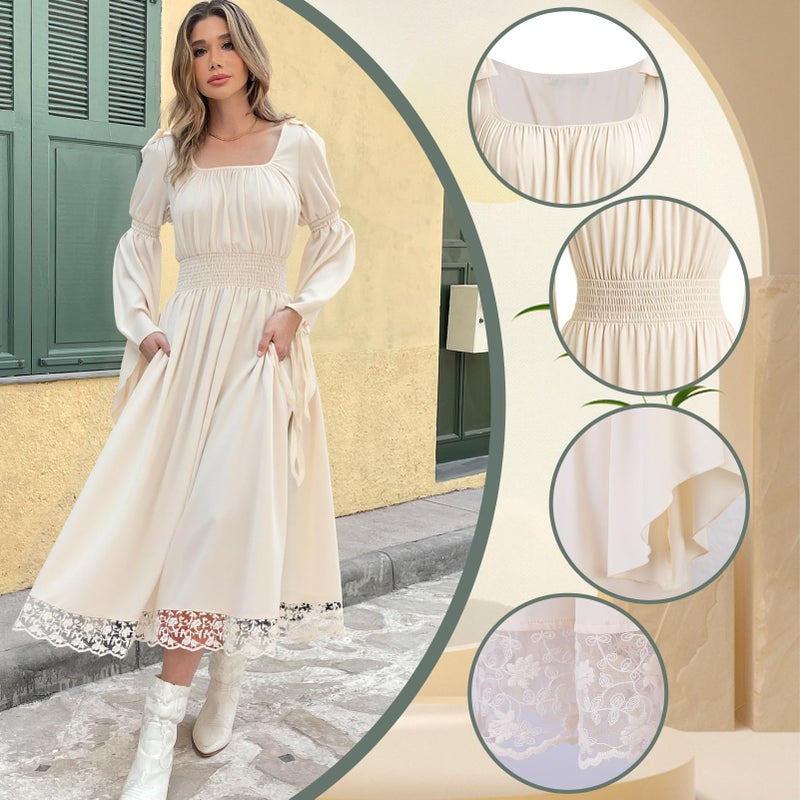 ZhouBoat Renaissance Medieval Costume Dress Lace Skirt Bow Bell Sleeve Women Fairy Dress with Flower Crown,M - Image 2