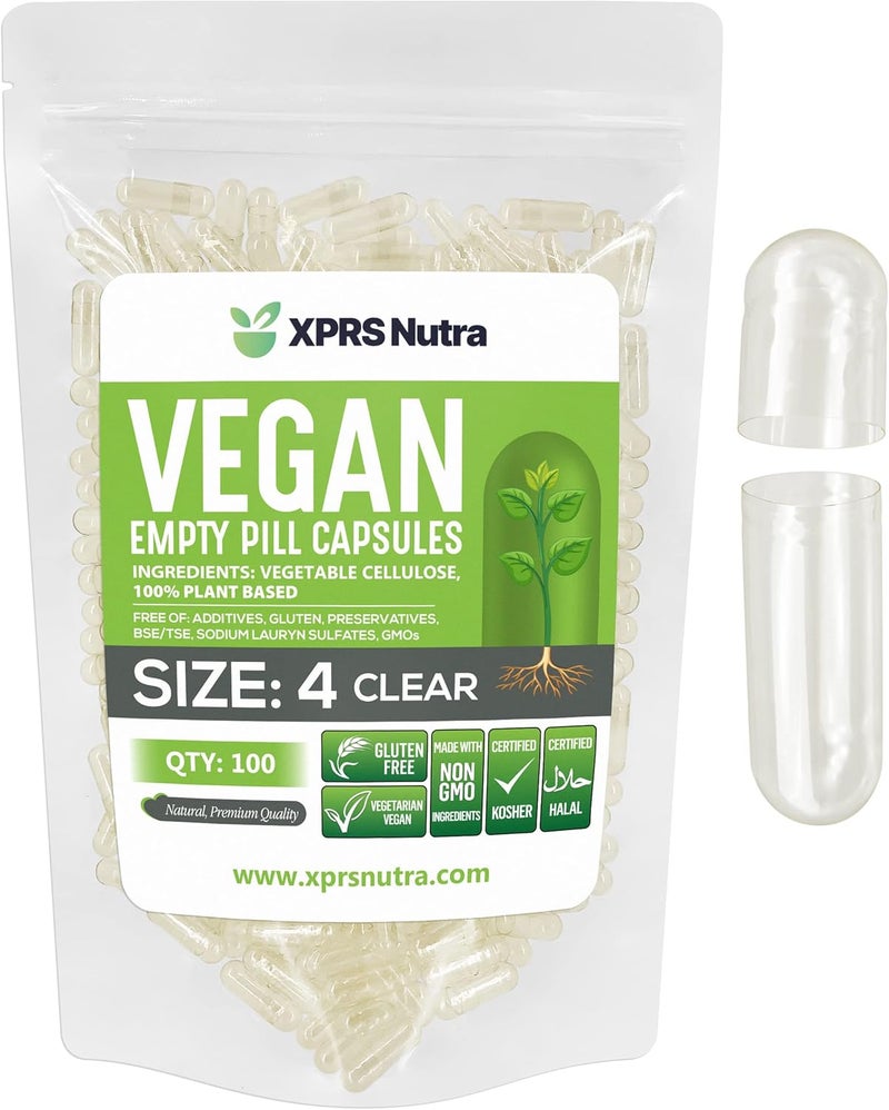 XPRS Nutra كبسولات XPRS Nutra فارغة حجم 4 - 100 عدداً كبسولات نباتية صغيرة فارغة - كبسولات حبوب نباتية شفافة فارغة - تعبئة كبسولات الخضار بنفسك - كبسولات حبوب نباتية