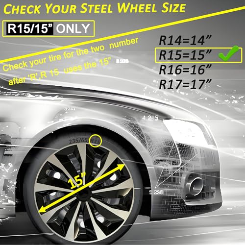 Aiqiying Hubcap Wheel Covers Replacement Size R15 Hub Caps Universal-Fit Steel Wheel Rims Cover ABS Tire Cap for Most Cars Trucks Sedans SUV -Set of 4（15-inch，Silver-Black） - Image 3