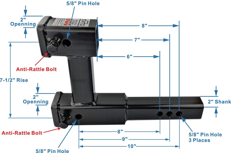TOPTOW 64131 Dual Hitch Extension, 2 inch Towing Receivers, Extends Adjustable Length, 4,000lbs - Image 2