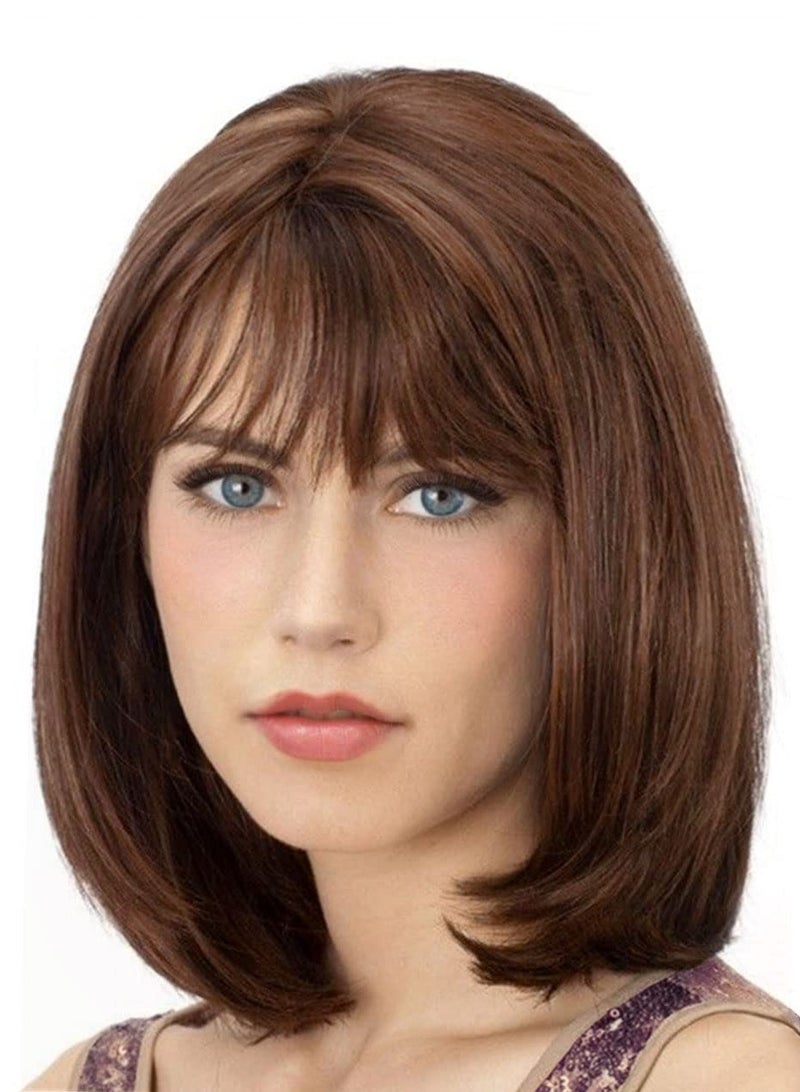 Excefore Short Bob Wigs With Bangs Brown Straight Hair Daily Costume Wig For Women Soft Heat Resistant Fiber Synthetic Hair Replacement Wig Fashion Wig Hair For Girls Women Daily Use 12 Inch - Image 1