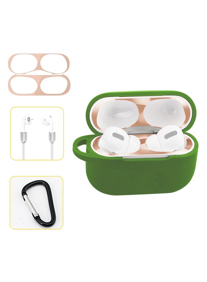 Case Cover For AirPods Pro Silicone Wireless Earphone Protective Case Storage Box with Hook & Anti-drop Rope Green+Blush Gold Inner Sticker