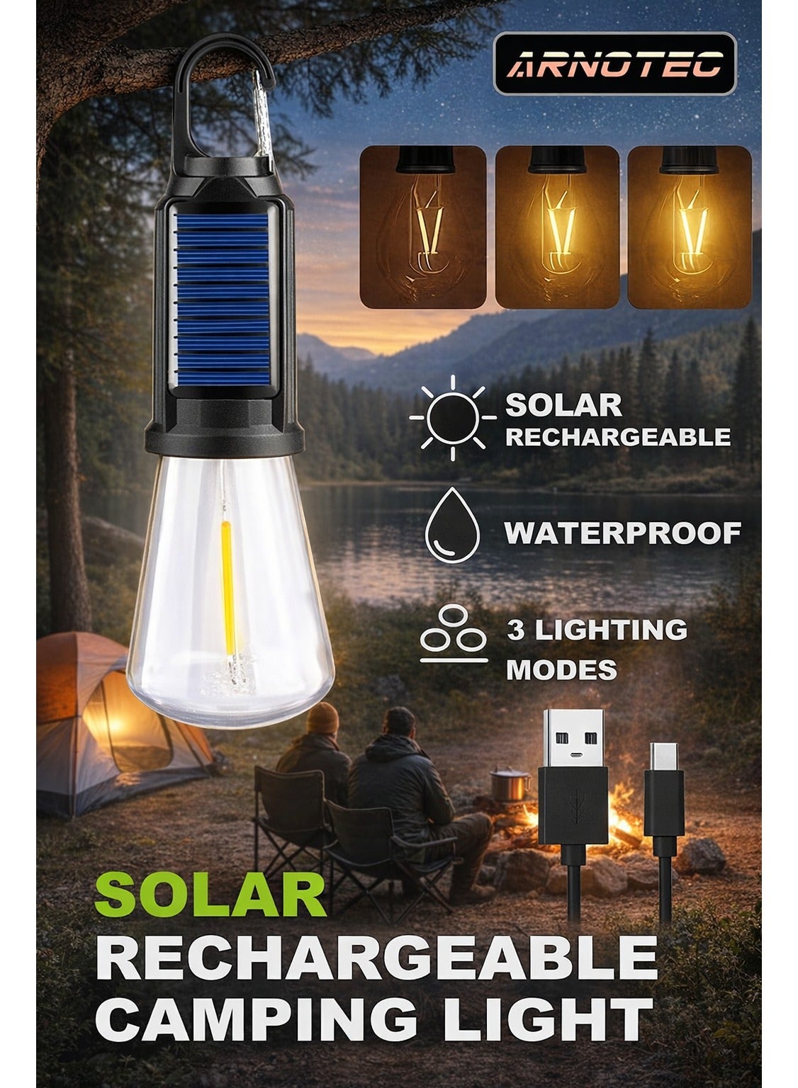 Solar Rechargeable Camping Light, Portable LED Tent Lantern with 3 Brightness Modes, Waterproof Outdoor Lamp with Type-C & Solar Charging, Lightweight Hanging Lantern for Hiking, Camping, Emergency & Home Use (1 Pack)