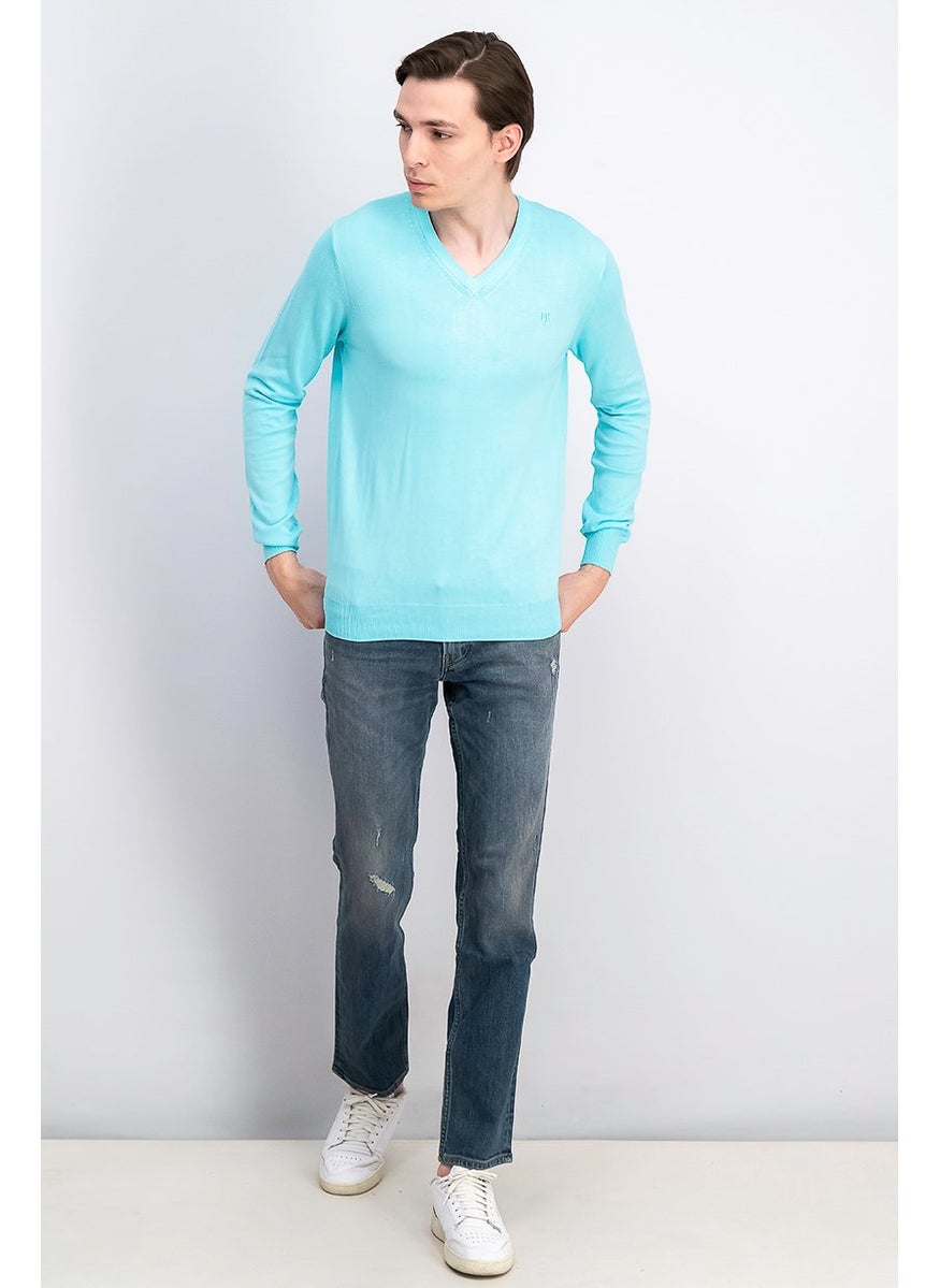Harmont & Blaine - Men Regular Fit Embroidered Logo V-neck Sweatshirt, Turquoise - Image 1