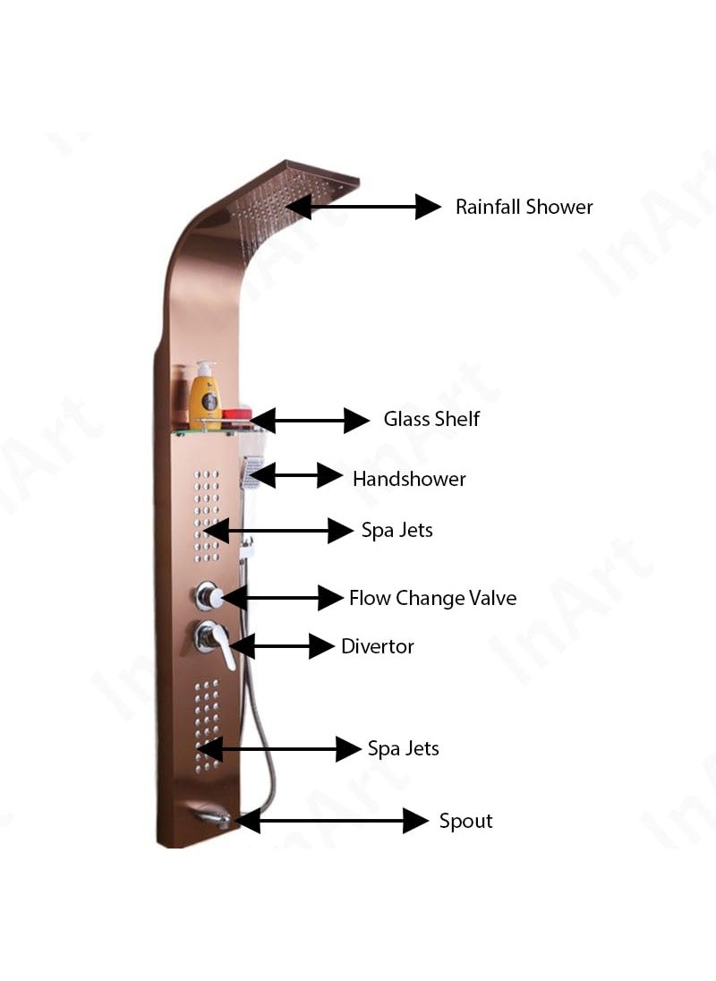 inart InArt Stainless Steel 304 Grade Shower Panel 5 in 1 Tower System with Waterfall Rainfall Shower Body Massage Spray SS Handheld Shower and Glass Shelf Rose Gold  - Image 4